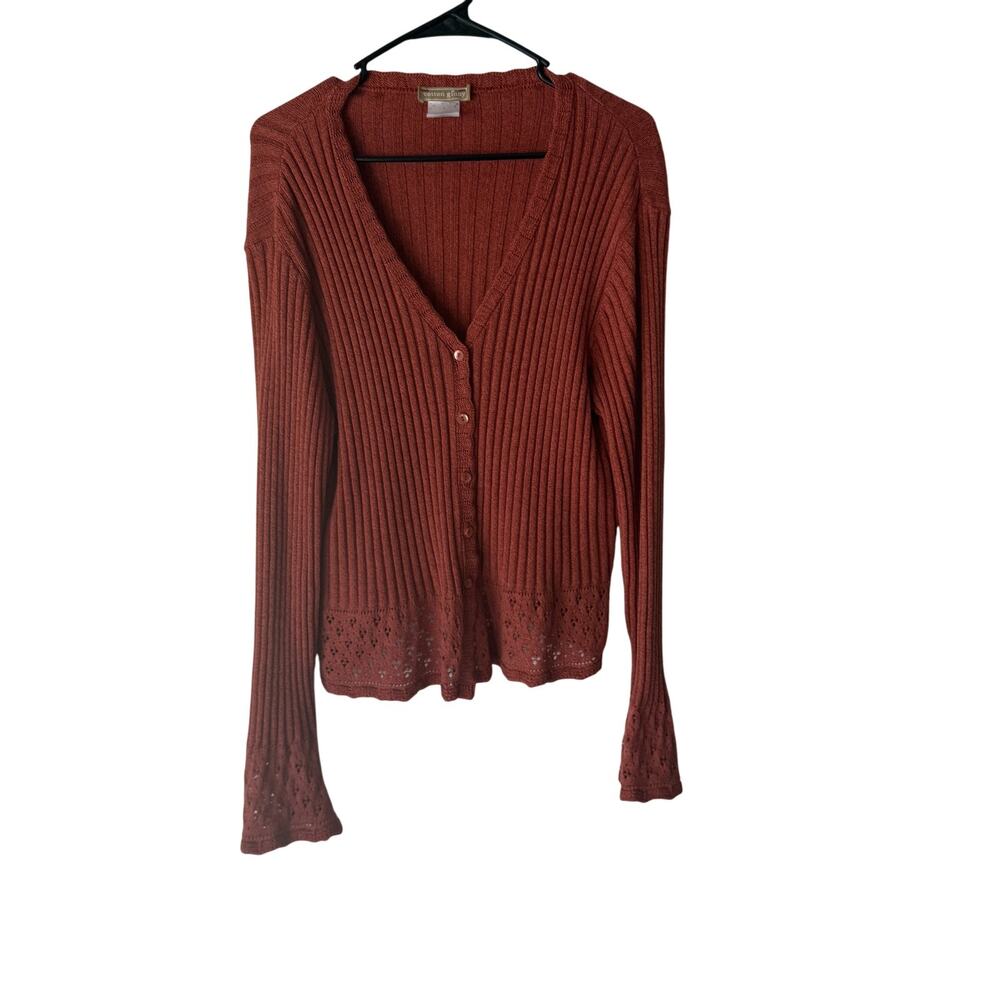 Cotton Ginny Vintage‎ Sweater Cottage XL Button Front Knit Lace Trim Cardigan